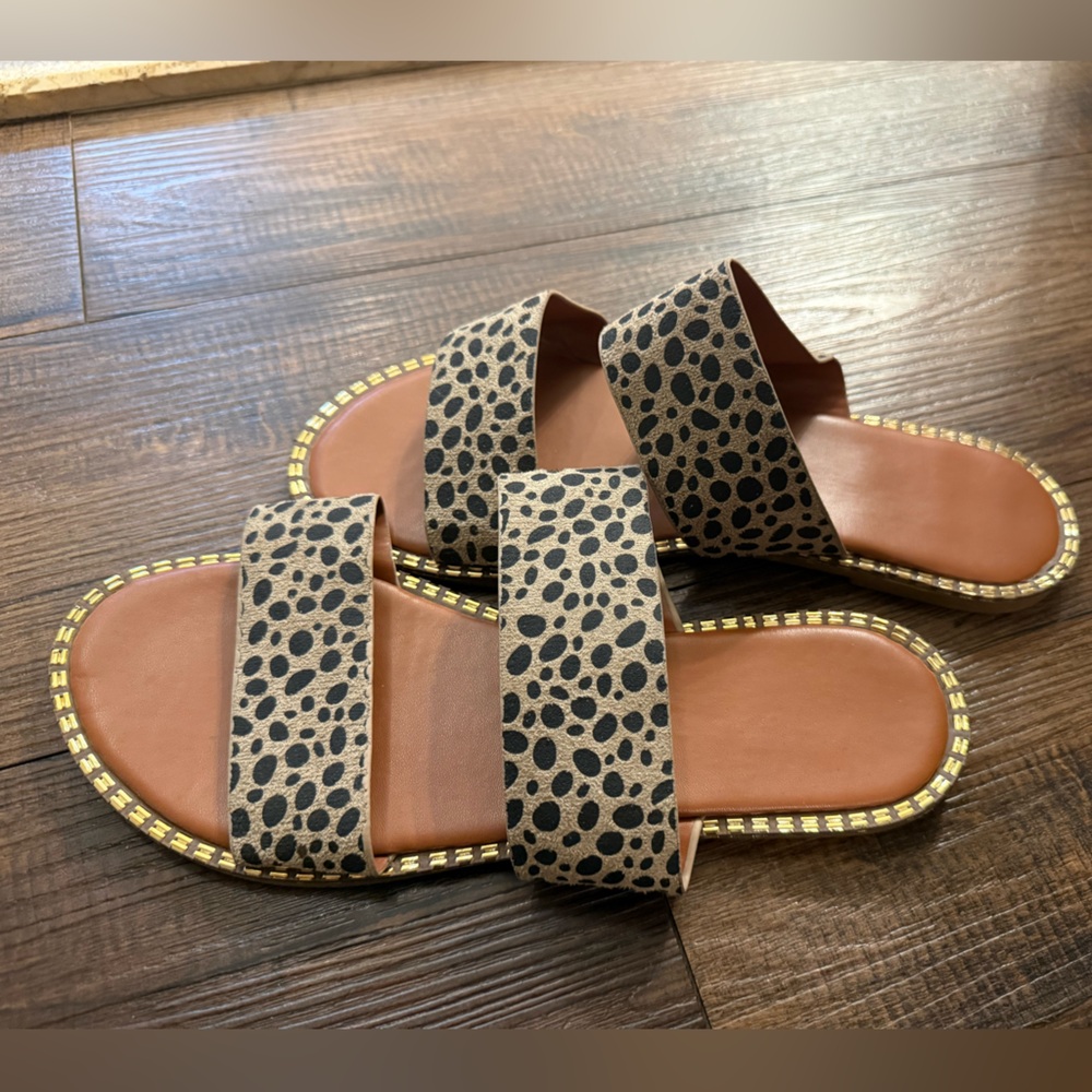 Shein Leopard Print Double-Strap Slide Sandals with gold accents. Size 7, $13